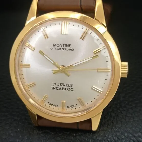 Vintage 1977 Montine Of SwitzerlandManual Mens Gold Watch W/Leather Strap